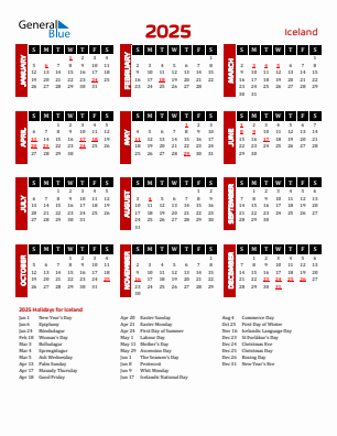 Iceland current year calendar 2025 with holidays