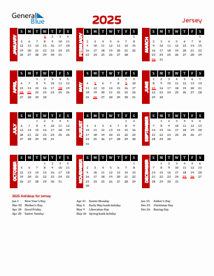 Jersey current year calendar 2025 with holidays