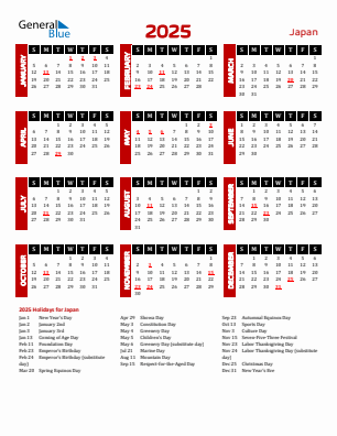 Japan current year calendar 2025 with holidays