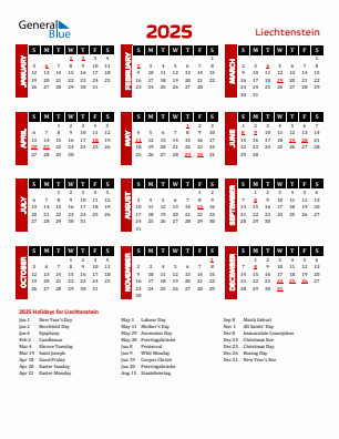 Liechtenstein current year calendar 2025 with holidays