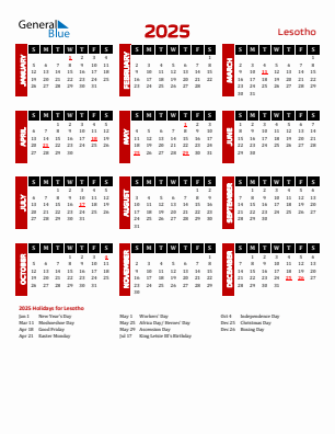 Lesotho current year calendar 2025 with holidays