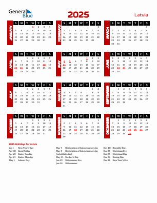 Latvia current year calendar 2025 with holidays