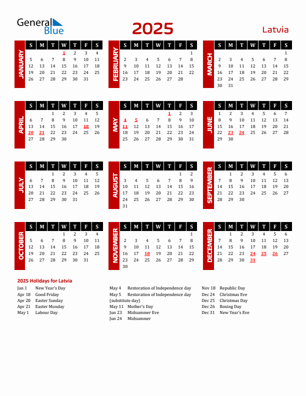 Download Latvia 2025 Calendar - Sunday Start