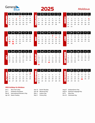 Moldova current year calendar 2025 with holidays