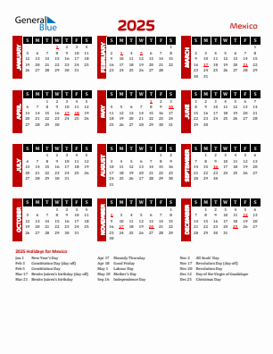 Mexico current year calendar 2025 with holidays