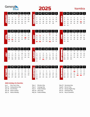 Namibia current year calendar 2025 with holidays