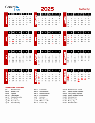 Norway current year calendar 2025 with holidays