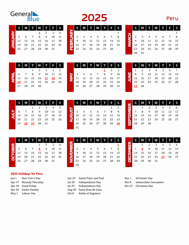 Download Peru 2025 Calendar - Sunday Start