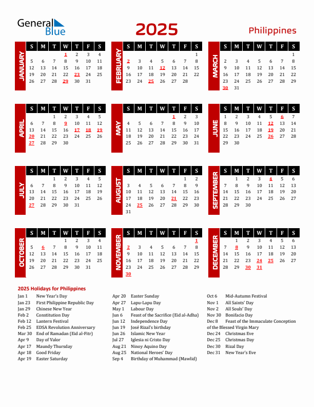 Download Philippines 2025 Calendar - Sunday Start