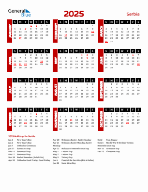 Serbia current year calendar 2025 with holidays