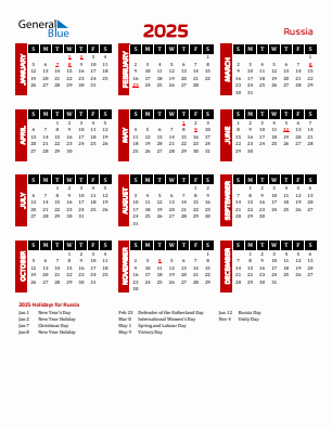 Russia current year calendar 2025 with holidays