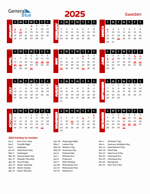 Sweden current year calendar 2025 with holidays