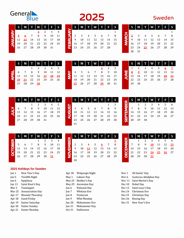 Download Sweden 2025 Calendar - Sunday Start