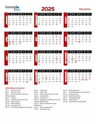 Slovenia current year calendar 2025 with holidays