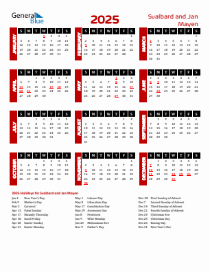 Svalbard and Jan Mayen current year calendar 2025 with holidays