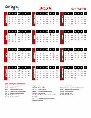 San Marino current year calendar 2025 with holidays