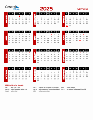 Somalia current year calendar 2025 with holidays