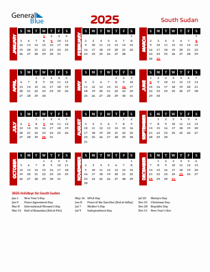 South Sudan current year calendar 2025 with holidays