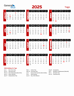 Togo current year calendar 2025 with holidays