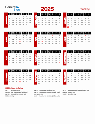 Turkey current year calendar 2025 with holidays