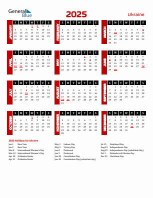 Ukraine current year calendar 2025 with holidays