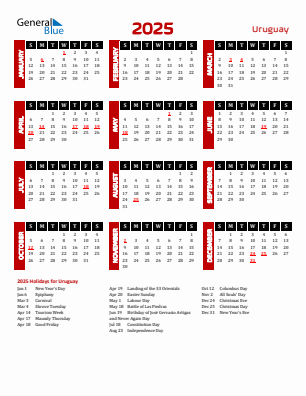 Uruguay current year calendar 2025 with holidays