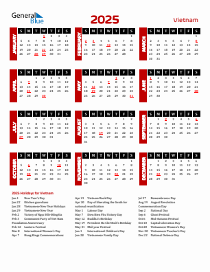 Vietnam current year calendar 2025 with holidays