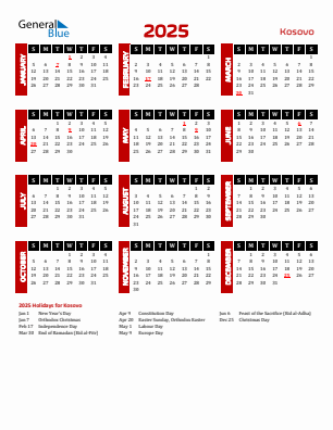 Kosovo current year calendar 2025 with holidays