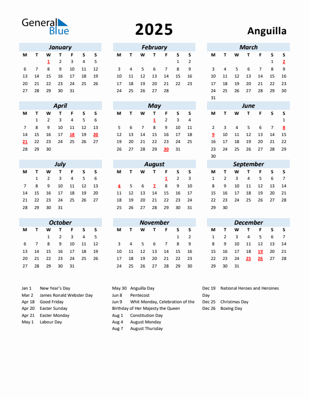 2025 Calendar for Anguilla with Holidays