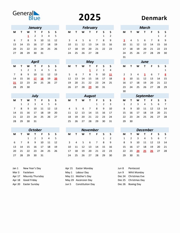 2025 Calendar for Denmark with Holidays