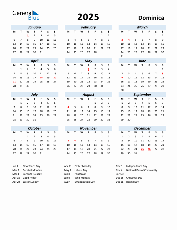 2025 Calendar for Dominica with Holidays