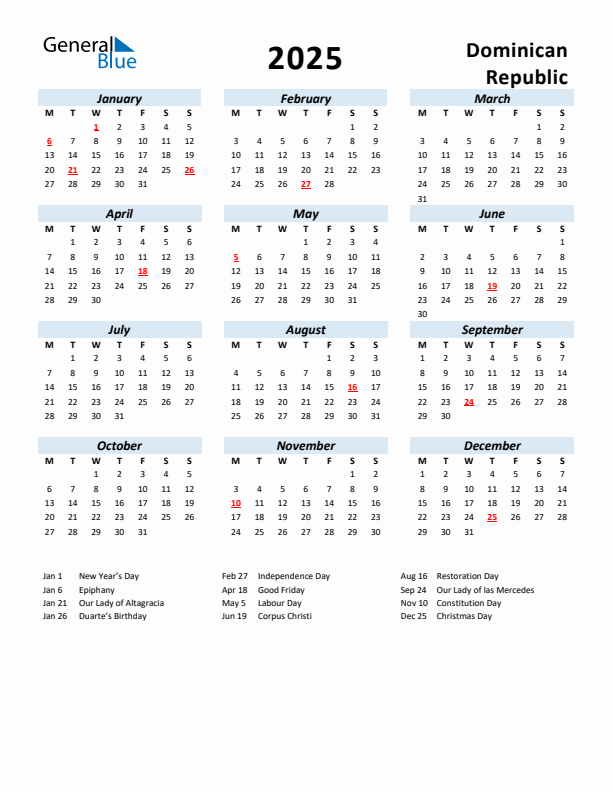 2025 Calendar for Dominican Republic with Holidays