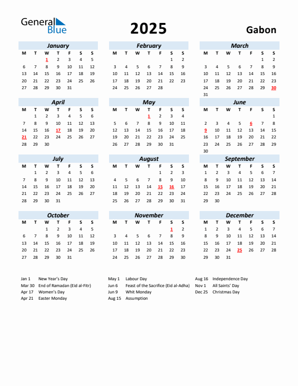 2025 Calendar for Gabon with Holidays