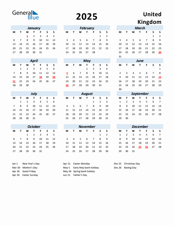 2025 Calendar for United Kingdom with Holidays