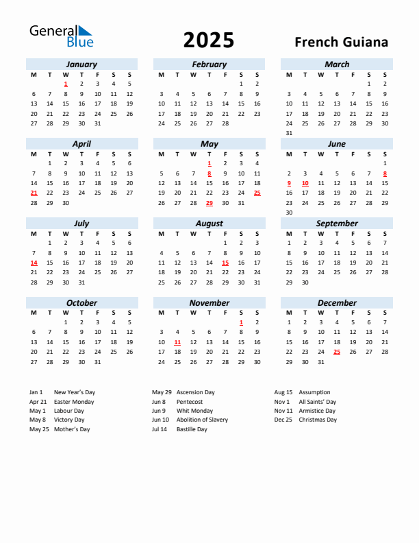 2025 Calendar for French Guiana with Holidays