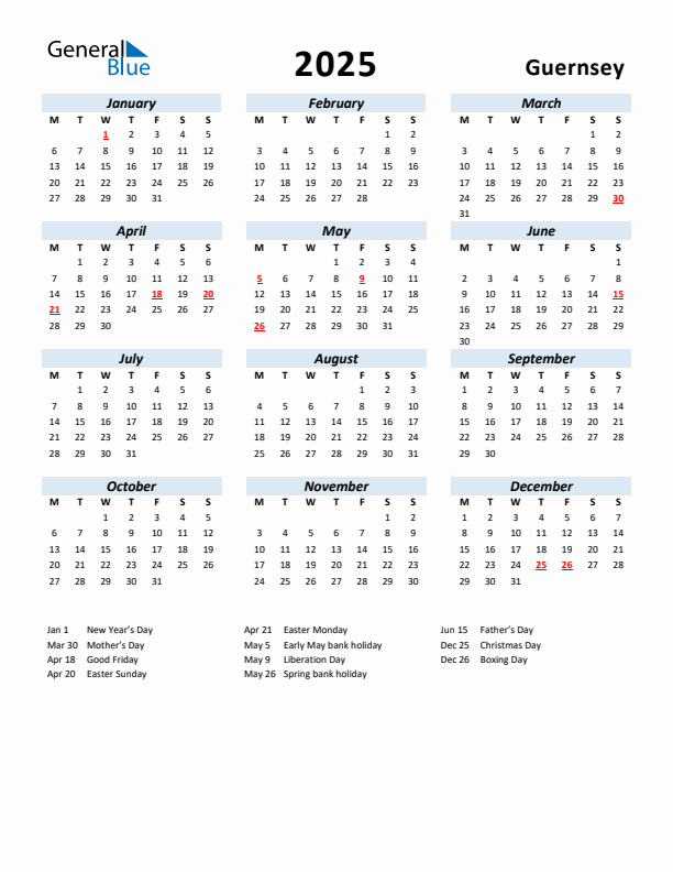 2025 Calendar for Guernsey with Holidays