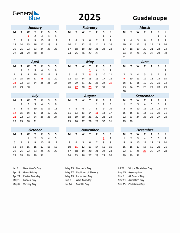 2025 Calendar for Guadeloupe with Holidays