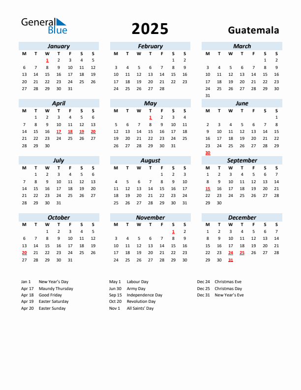 2025 Calendar for Guatemala with Holidays