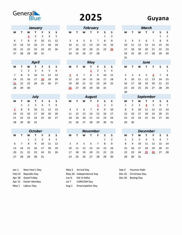 2025 Calendar for Guyana with Holidays