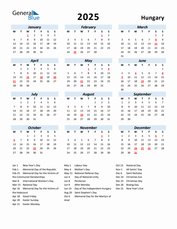 2025 Calendar for Hungary with Holidays