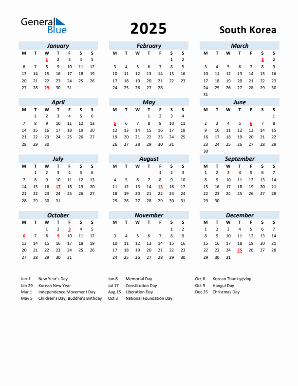 2025 Calendar for South Korea with Holidays