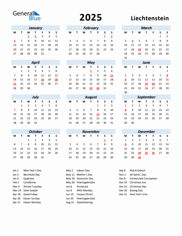 2025 Calendar for Liechtenstein with Holidays