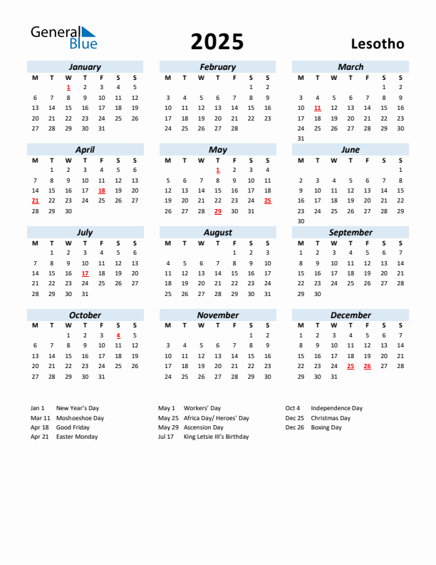 2025 Calendar for Lesotho with Holidays