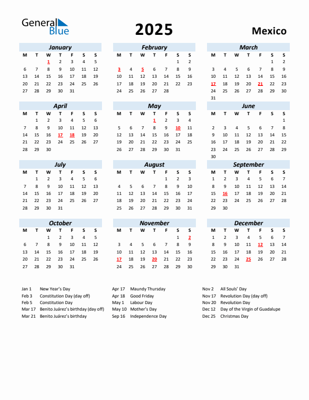 2025 Calendar for Mexico with Holidays