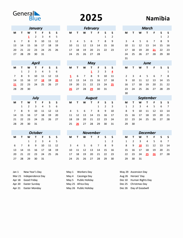 2025 Calendar for Namibia with Holidays