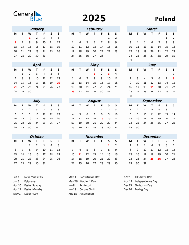 2025 Calendar for Poland with Holidays