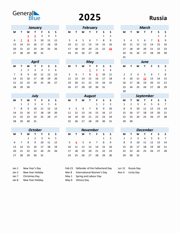 2025 Calendar for Russia with Holidays