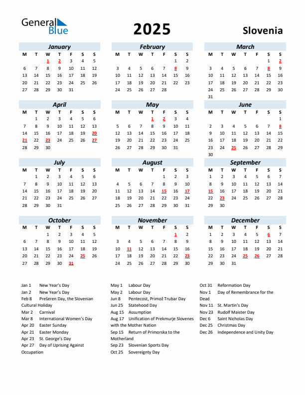 2025 Calendar for Slovenia with Holidays