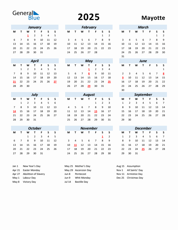 2025 Calendar for Mayotte with Holidays