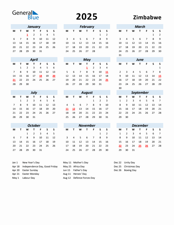 2025 Calendar for Zimbabwe with Holidays